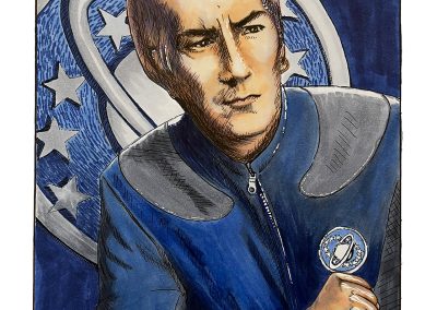 Pen and marker art of Alan Rickman playing Alexander Dane/Dr Lazarus in the 90s movie Galaxy Quest. Character is seen in a serious pose with prosthetic makeup , and against a stars and planet emblem.