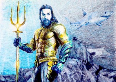 Colored pencil drawing of the character Aquaman, as played by Jason Momoa seen in an underwater scene with sharks and submerged temple ruins