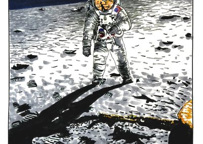 Pen and marker drawing of an astronaut on the black and grey surface of the moon.
