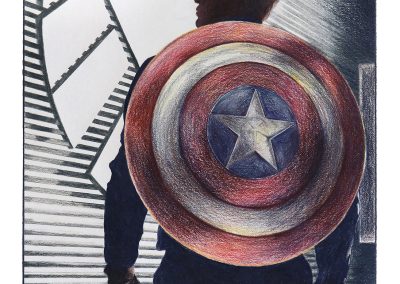 Colored pencil drawing of Captain America from the Marvel movie of the same name. The character is silhouetted against the Shiled logo, wearing his characteristic star-spangled shield on his back.