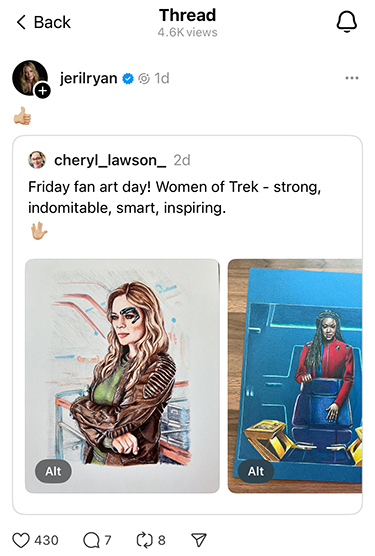 Screen grab of a reposted social media post of fan art from the Star Trek Picard series character, Seven of Nine.