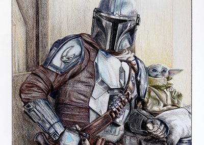 Star Wars fan art drawing of the Mandalorian character and Grogu, his alien child ward.