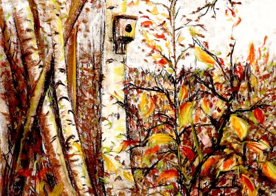 Pastel and charcoal drawing on white paper of an autumn scene.