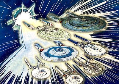 Drawing in pen and marker in full color shows seven iterations of the star ship Enterprise from the Star Trek franchise.