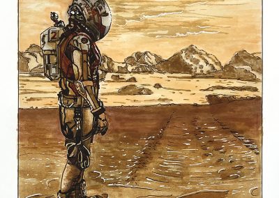 monochrome (in sepia tones) pen and marker art of an astronaut on a brown landscape