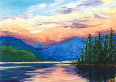 Acrylic painting of a sunset over a Canadian mountain landscape in a variety of bright colors