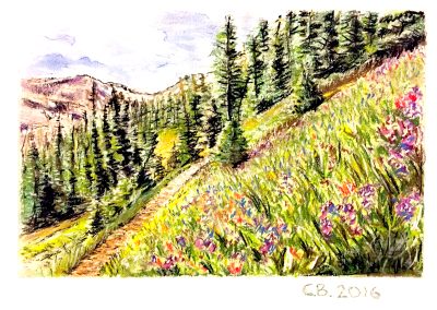 Pastel drawing of a steep alpine mountain path through temperate forests and meadows