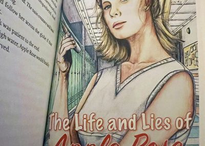 A colored pencil art for a book character showing a young blonde teenage girl in a cheerleader outfit, holding a knife.