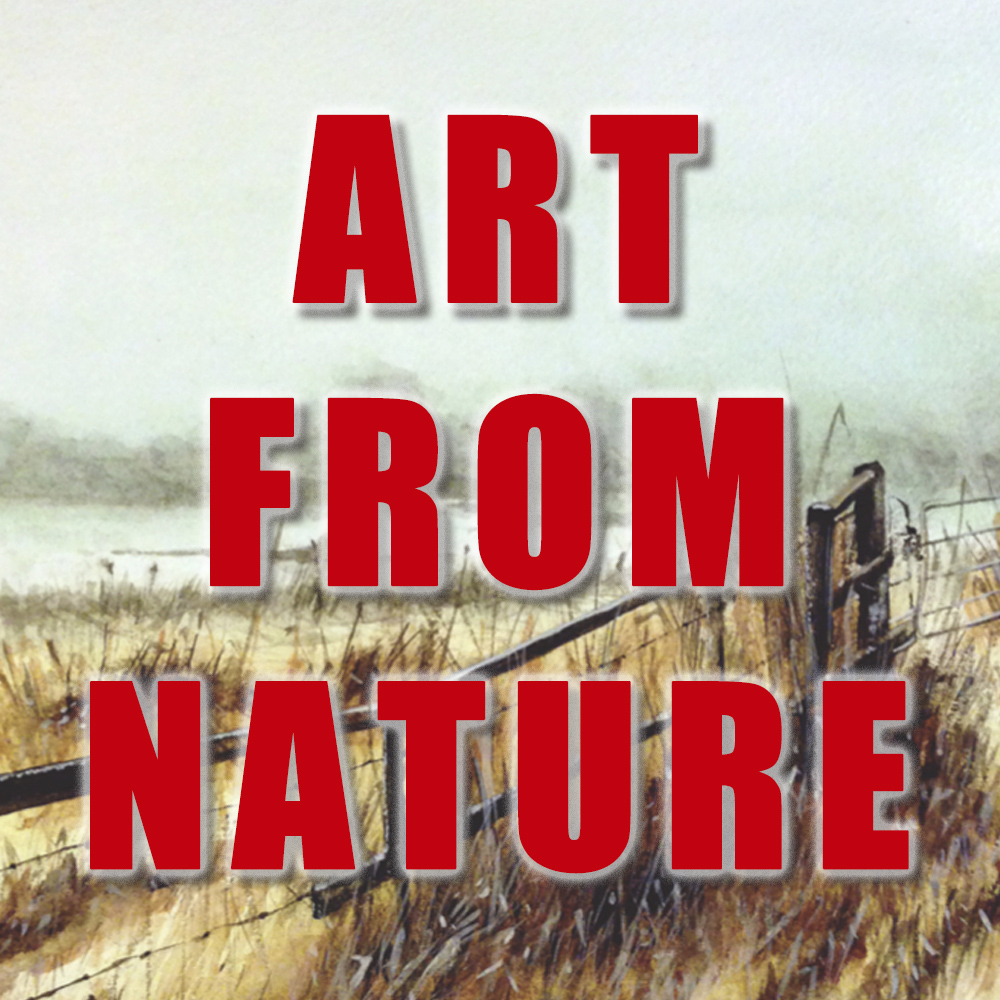 Art from Nature in red text overlaid on a watercolor painting of a fenced pond in the fog