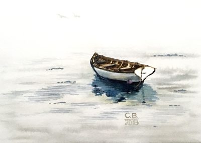 Watercolor painting of a boat on water