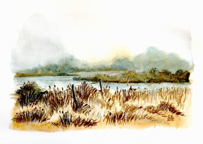 A watercolor painting of a foggy morning at a pond in muted pastel tones of browns, beige, greys, and blues