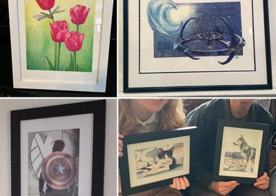 A montage of four images showing a variety of framed artworks done on commission.