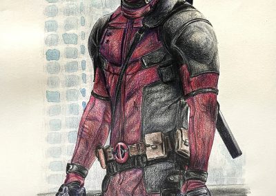 Character art in colored pencil of Deadpool holding his pistols.