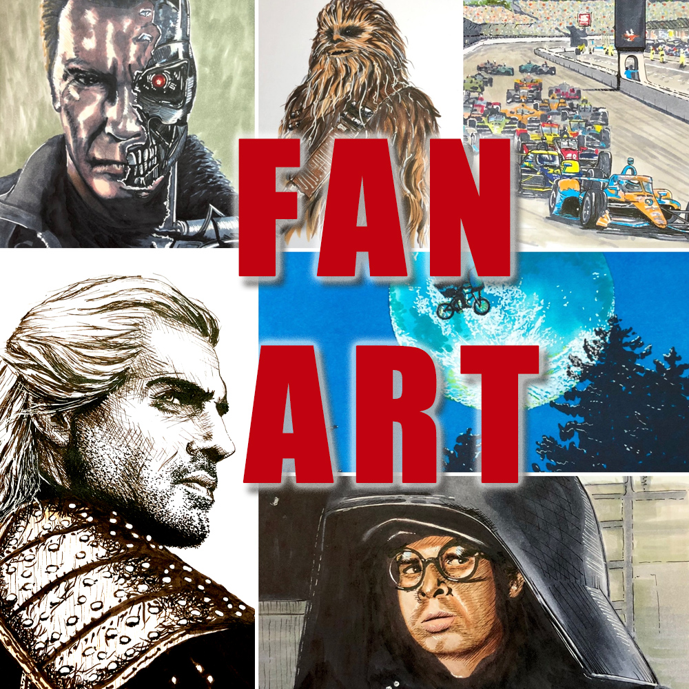 Fan Art as red words over a montage of various fan art images from popular culture.