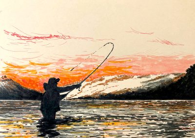 A pen and marker drawing in bold oranges and black of a fly fisherman at sunrise.