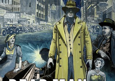 A dark blue painted and drawn book cover design for an author. Image is a collage of people/characters against a night in a rainy city street