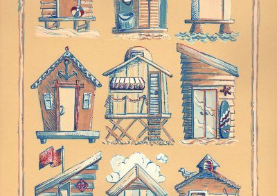 A watercolor and colored pen artwork of a variety of beach hut designs. Paper is beige, drawing is in tones of white, creams, blues and reds.