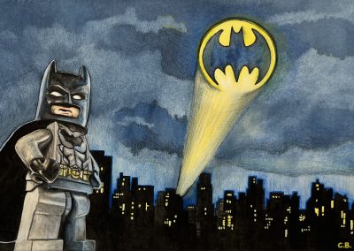 Watercolor and colored pencil drawing of Lego Batman in front of a city at night with the bat signal lighting up the dark sky above.