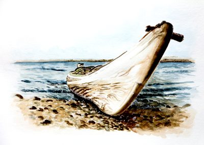 Watercolor close-up of the nose of a sea kayak at water's edge.