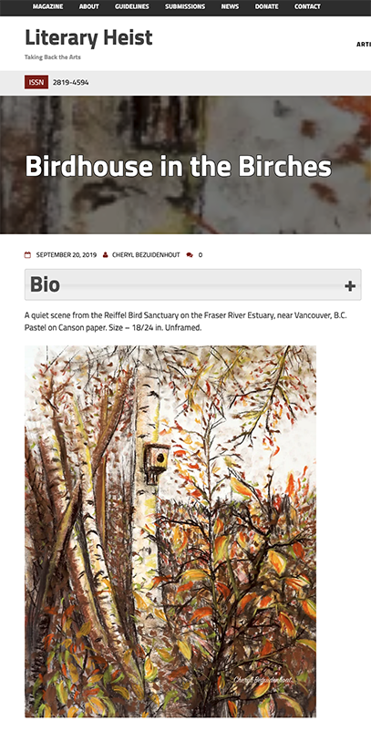 A screen grab of the Literary Heist magazine website (2019) depicting the artwork, Birdhouse in the Birches as their featured artwork for the month.