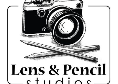 A black and white logo of a hand drawn camera and two pencils with the words Lens & Pencil Studios below.