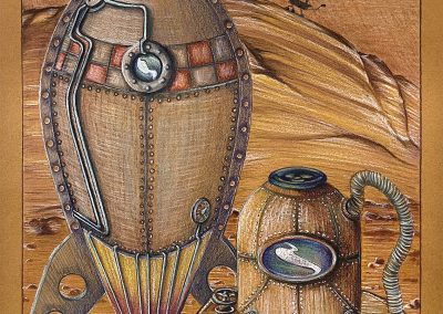 Colored pencil drawing on brown paper of a steampunk-style rocket and astronaut against a hillside backdrop