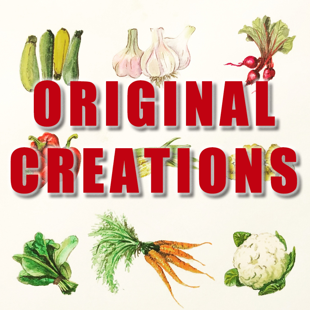 Original Works words in red over a watercolor artwork of a variety of vegetables