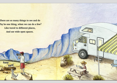 A double page spread from a children's book illustrated to show a man with a prosthetic leg, standing next to his dog on a boulder to get a photo across a mountainous vista. To his right is a woman at a computer sitting at a picnic bench, and behind her is their camper van with chairs and awning.