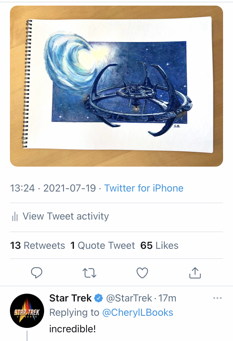 A screen grab of a comment on a Star Trek DS9 fan art by the Star Trek official Twitter account (2019)