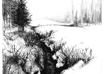 Charcoal drawing of a winter scene overlooking a small creek cutting through the snow